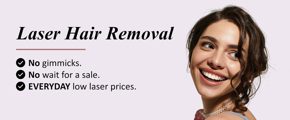 Promotional graphic for laser hair removal featuring a smiling woman on the right and text on the left that reads 'Laser Hair Removal' with bullet points: 'No gimmicks.', 'No wait for a sale.