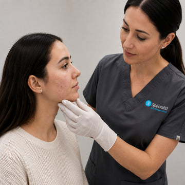 Woman receiving a skin check from a dermatologist wearing gloves.