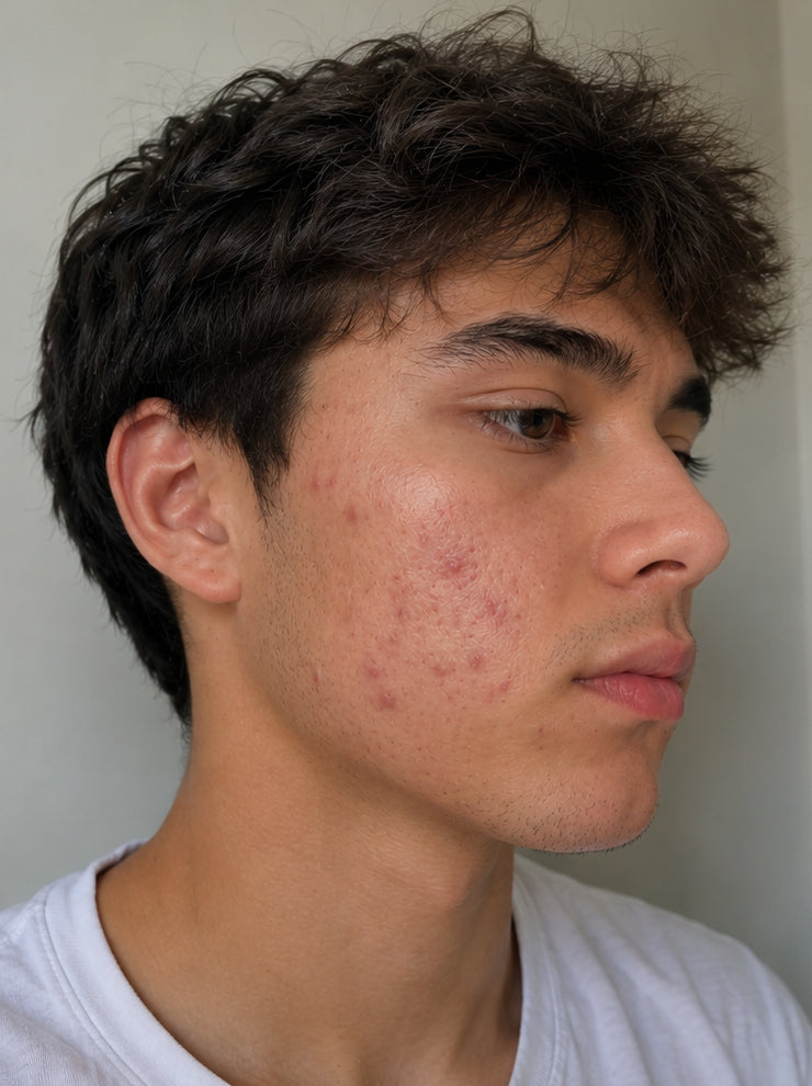 AcneClear treatment before photo showing acne and redness on the cheek