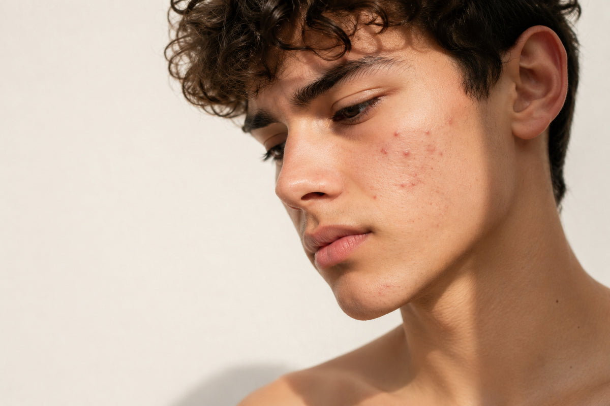 A close-up portrait of a young man with curly dark hair, looking down, against a plain off-white background.
