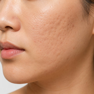 Close-up of a person's face with visible skin texture and acne on a neutral background
