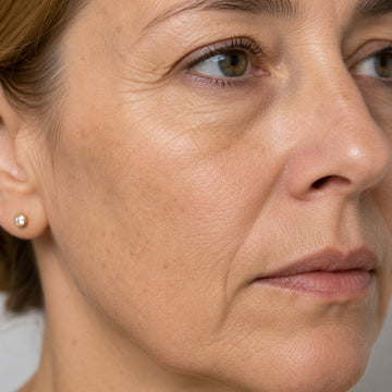 Close-up of a woman's face with a neutral expression on a gray background