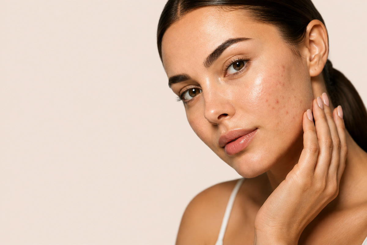 Woman with acne on her face against a beige background