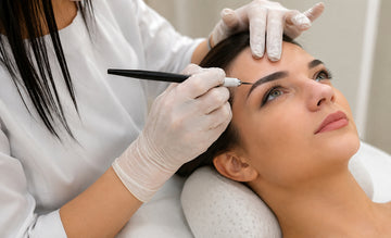 A close-up of a brow lamination or microblading treatment, showing a technician in white gloves applying a fine needle to a woman's eyebrow while she lies on a treatment pillow.