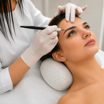 A close-up of a brow lamination or microblading treatment in progress. A woman with her head resting on a white textured pillow relaxes while a practitioner in a white uniform and gloves holds her hair and uses a fine brow pen tool on her eyebrow.