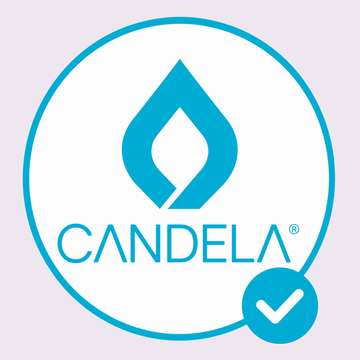 Candela logo with a blue droplet symbol on a light gray background