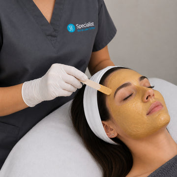 Woman receiving a facial treatment with a gold mask, wearing gloves and scrub attire.