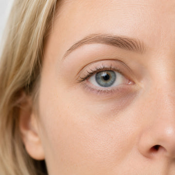 Close-up of a person's eye with blonde hair