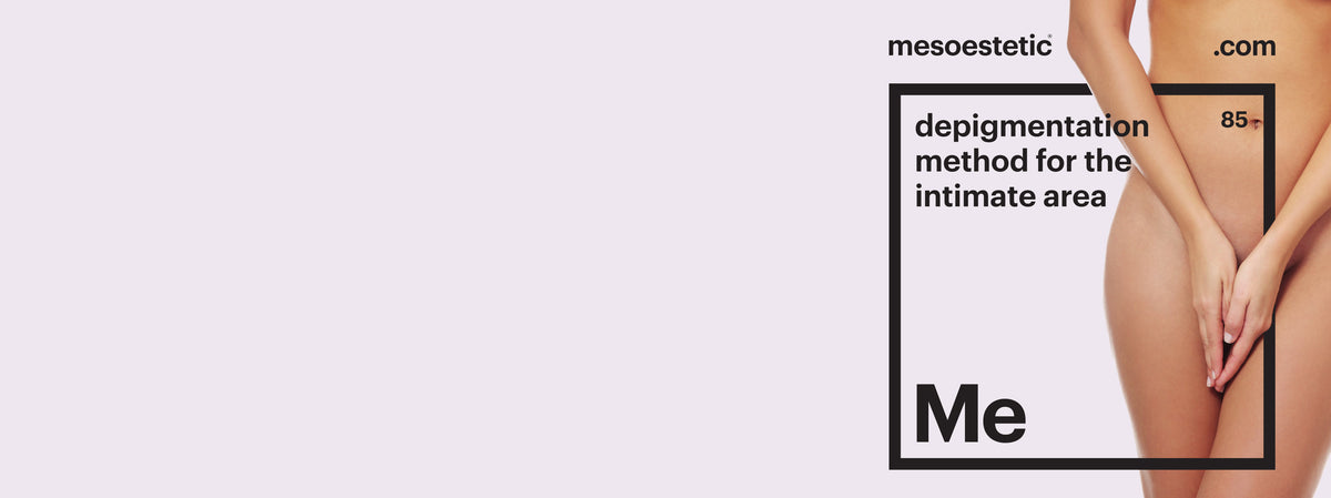 A minimalist promotional graphic with a pale lavender background, a cropped view of a nude female torso on the right, and black text reading 'mesoesthetic.com', 'depigmentation method for the intimate area', and 'Me' inside a black square.