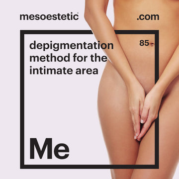 Promotional graphic for a mesoesthetic treatment, featuring a cropped photo of a nude female torso with hands over the intimate area, alongside text reading 'depigmentation method for the intimate area' and the word 'Me' inside a black bordered box.
