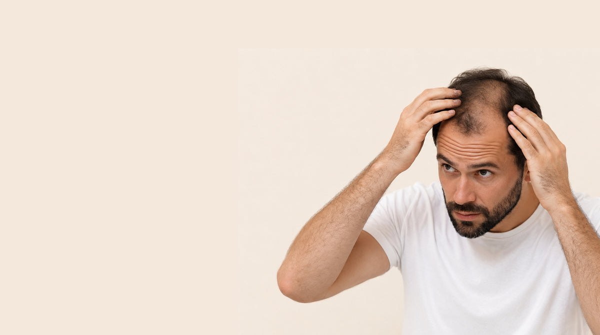 A man with a receding hairline and beard holds his head in frustration, wearing a white t-shirt against a solid light beige background.