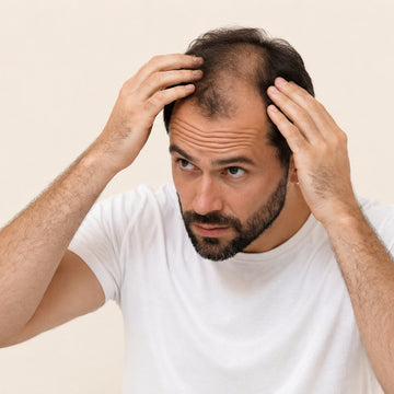 A man with a receding hairline and thinning hair on top of his head, wearing a white t-shirt and holding his head with both hands against a plain beige background.