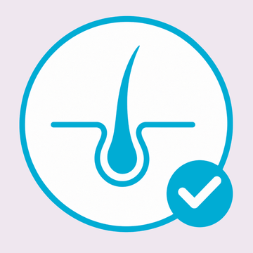 Blue icon of a hair follicle with a check mark on a light gray background