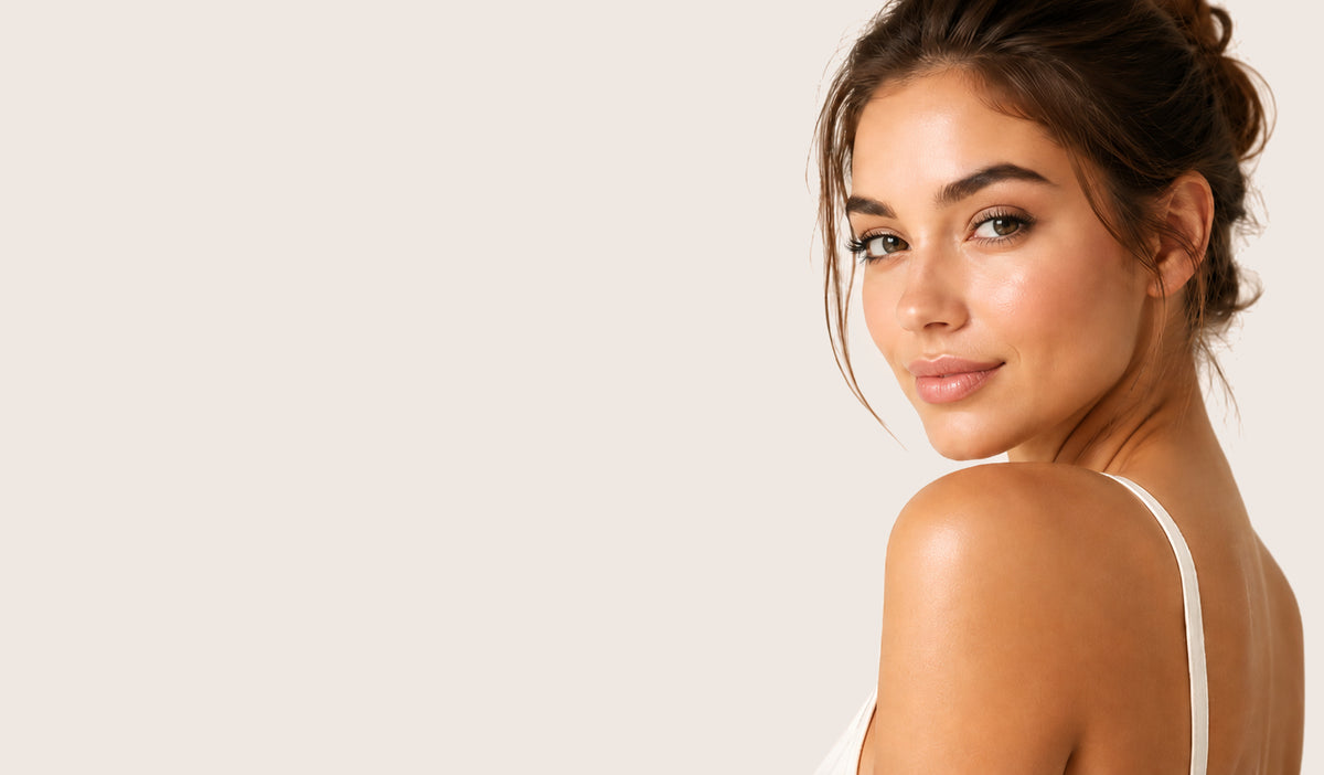 Woman with laser hair removal text on a beige background