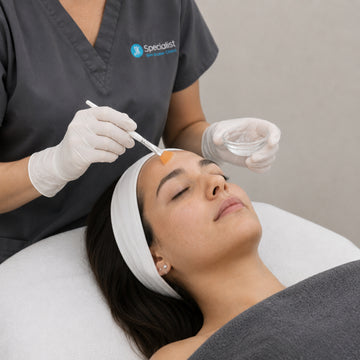 Woman receiving a facial treatment from a professional in a clinical setting.