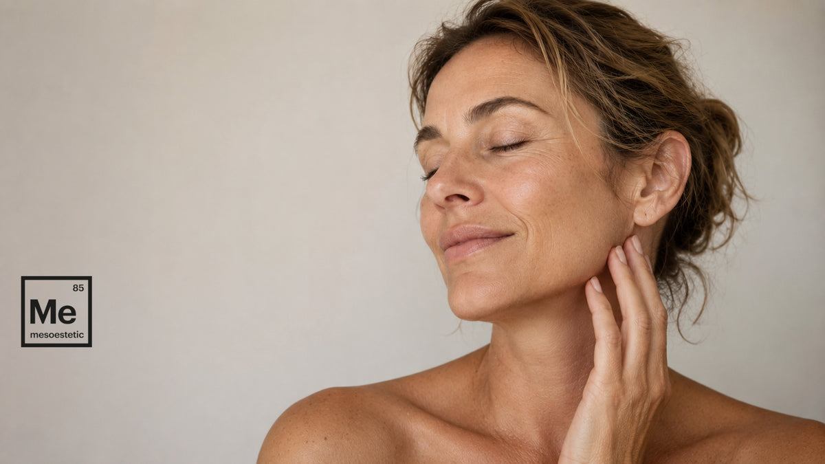 A woman with closed eyes and a serene expression, touching her neck, set against a plain light beige background with a periodic table-style 'mesoestetic' label in the lower-left corner.