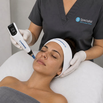 Woman receiving a facial treatment with a device, wearing a headband, in a professional setting.