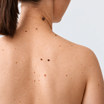 Close-up of a person's bare upper back and neck showing multiple brown moles and freckles against a light gray background.
