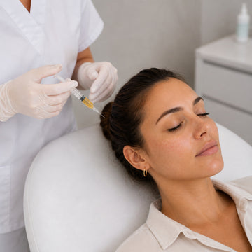 Platelet-rich plasma (PRP) treatment being performed on a woman in a cosmetic clinic