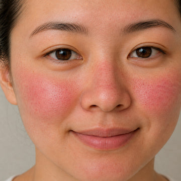 Close-up of a person's face with redness on the cheeks against a neutral background