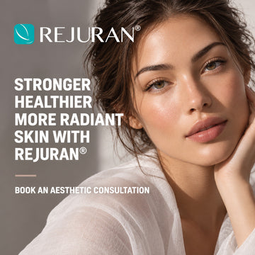 A close-up portrait of a woman with radiant, healthy skin wearing a sheer white top, set against a soft gray background. Prominent text on the left reads 'REJURAN' with the tagline 'STRONGER HEALTHIER MORE RADIANT SKIN WITH REJURAN' and 'BOOK AN AESTHETIC CONSULTATION'.
