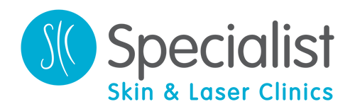 Logo of Specialist Skin & Laser Clinics with a blue circle and text.