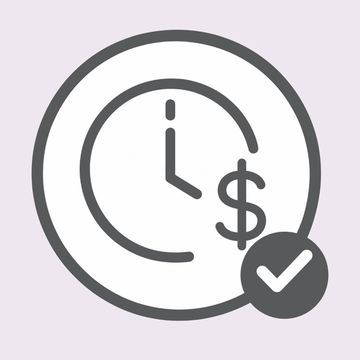 Icon of a clock with a dollar sign and a check mark inside a circle on a white background
