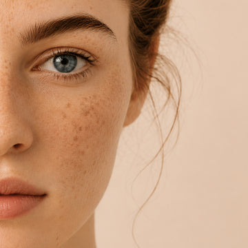 Close-up of a person with freckles and blue eyes on a beige background
