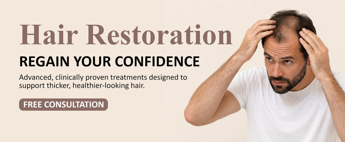 Promotional banner for hair restoration featuring a man with receding hairline touching his head, alongside text reading 'Hair Restoration' and 'Regain Your Confidence' on a beige background.